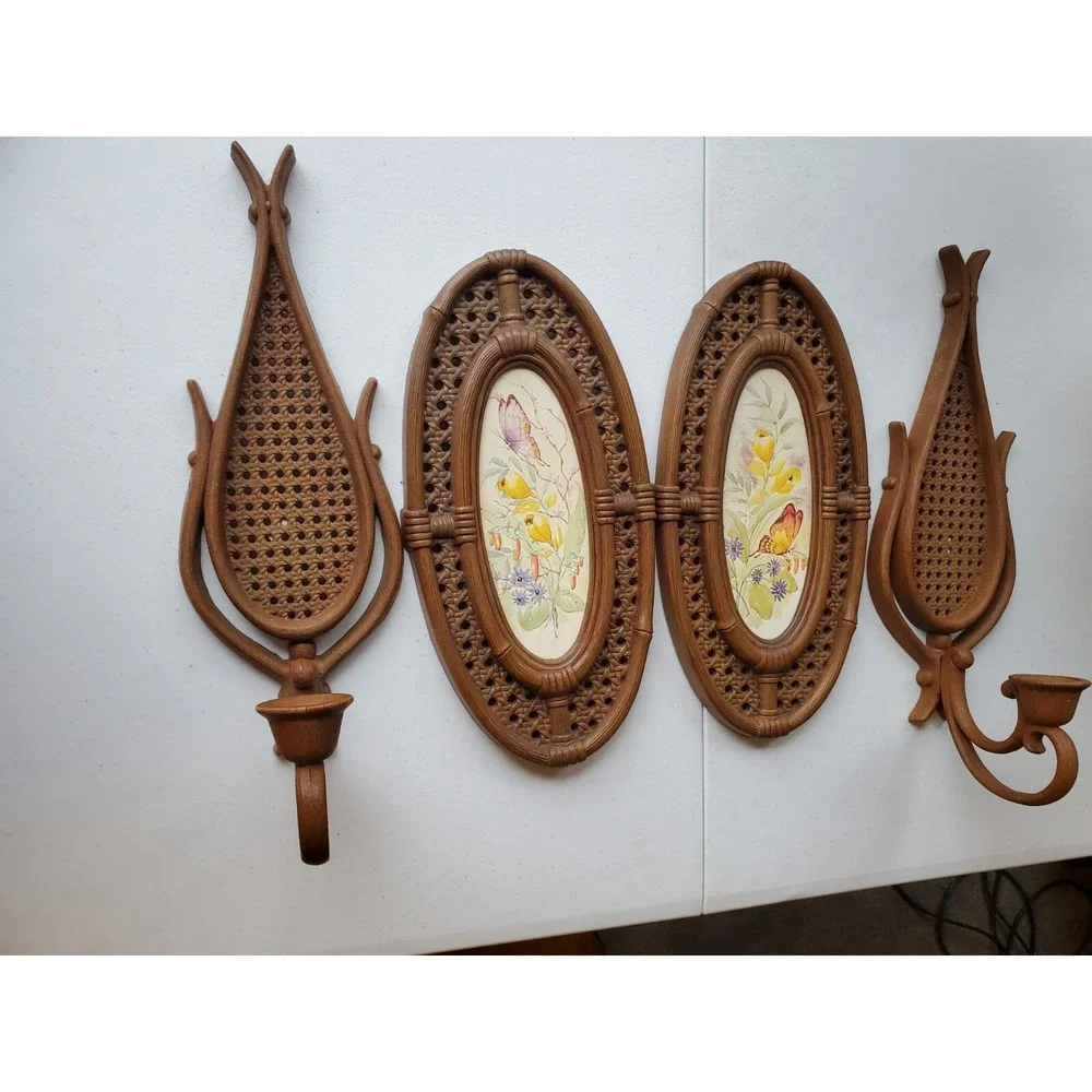 Homco Rattan Wicker 2 Teardrop Wall Candle Holders & 2 Picture 1980s